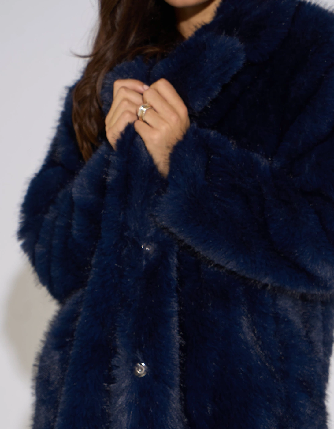 Dark Blue Panelled Faux Fur Longline Jacket