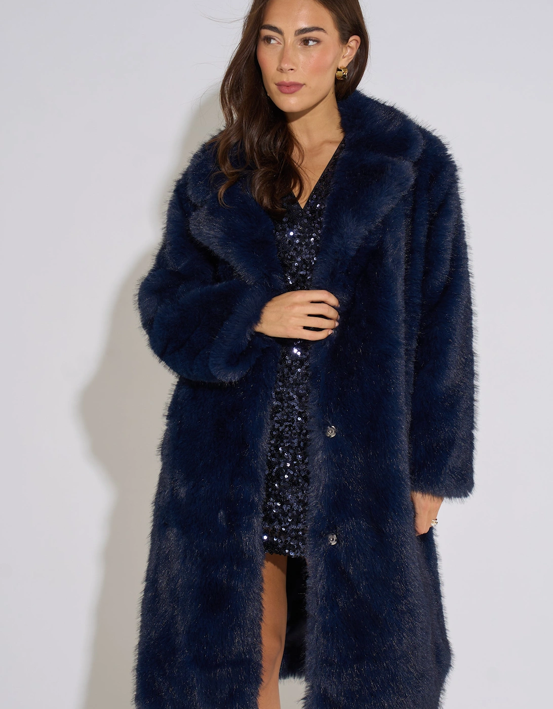 Gini London Women's Navy Dark Blue Panelled Faux Fur Longline Jacket - Size 12/14