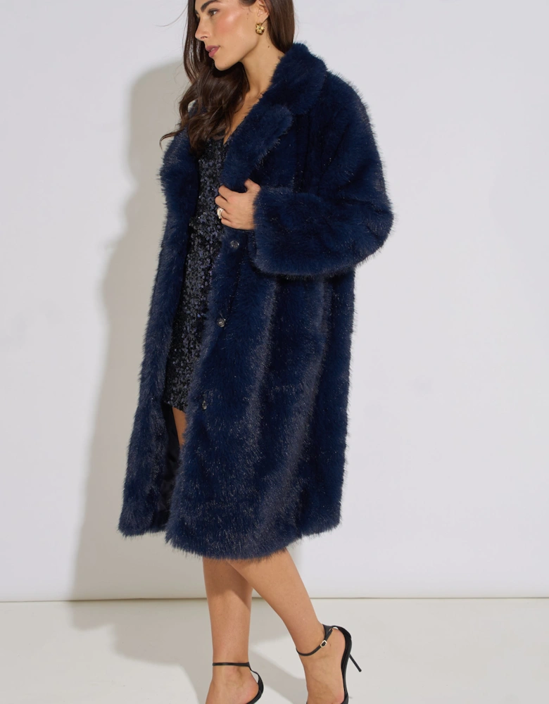 Dark Blue Panelled Faux Fur Longline Jacket
