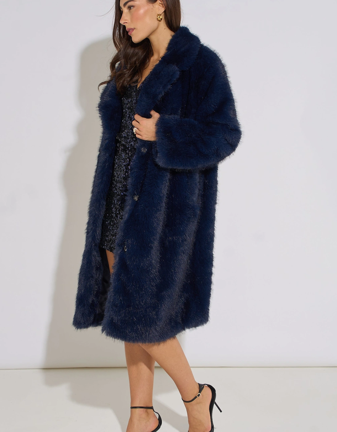 Dark Blue Panelled Faux Fur Longline Jacket