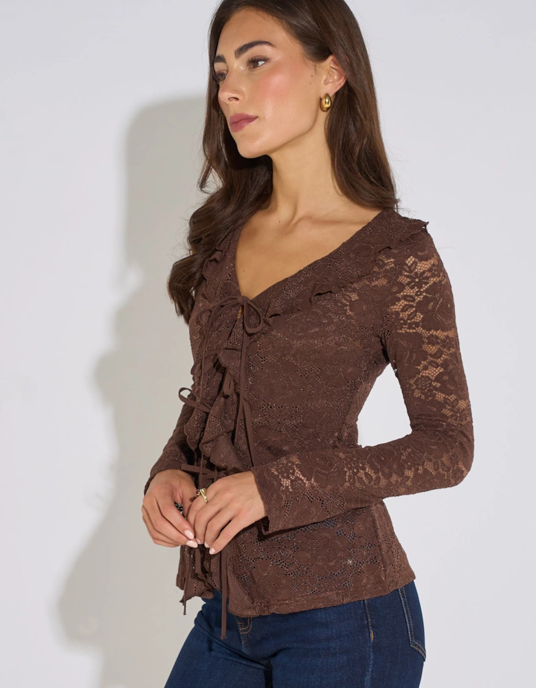 Brown Jersey Lace Ruffle Tie Front Blouse