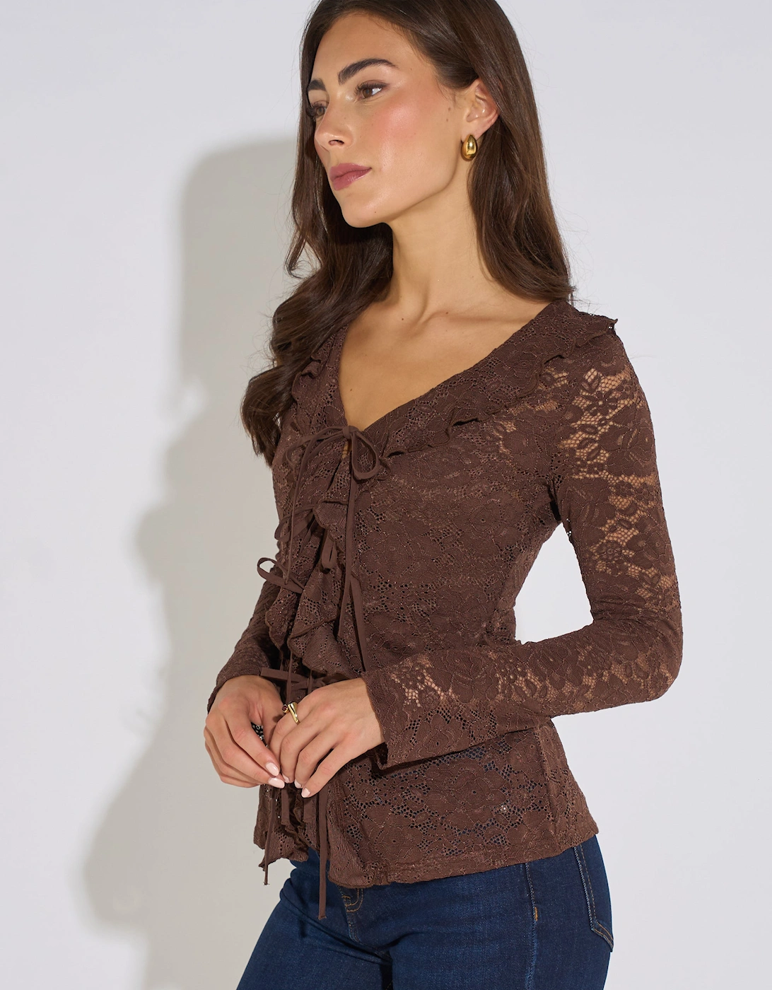 Brown Jersey Lace Ruffle Tie Front Blouse