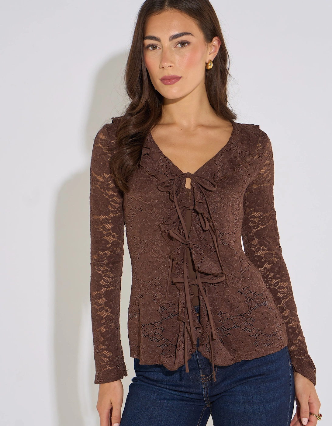 Brown Jersey Lace Ruffle Tie Front Blouse