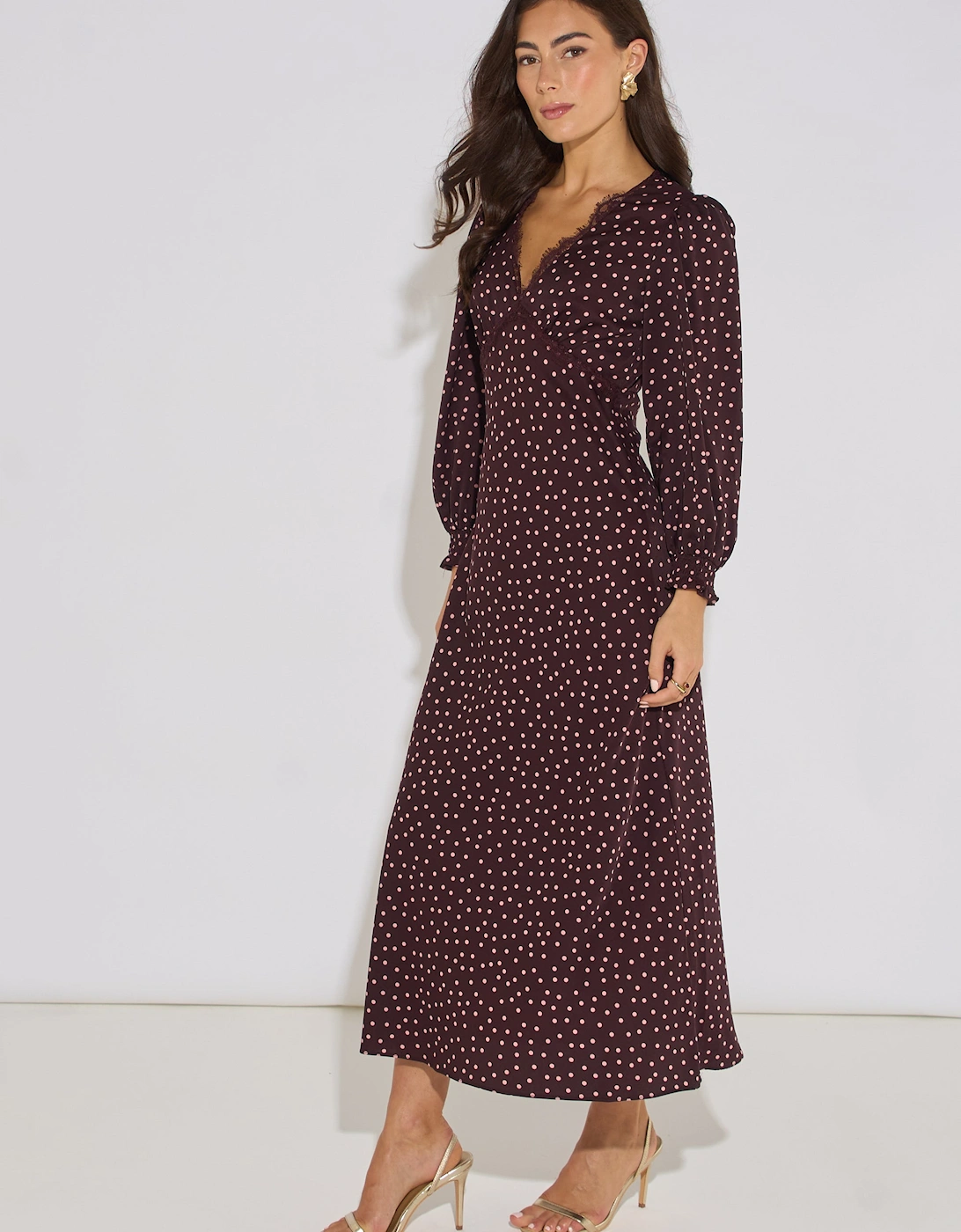 Chocolate Polka Lace Trim Midi Dress
