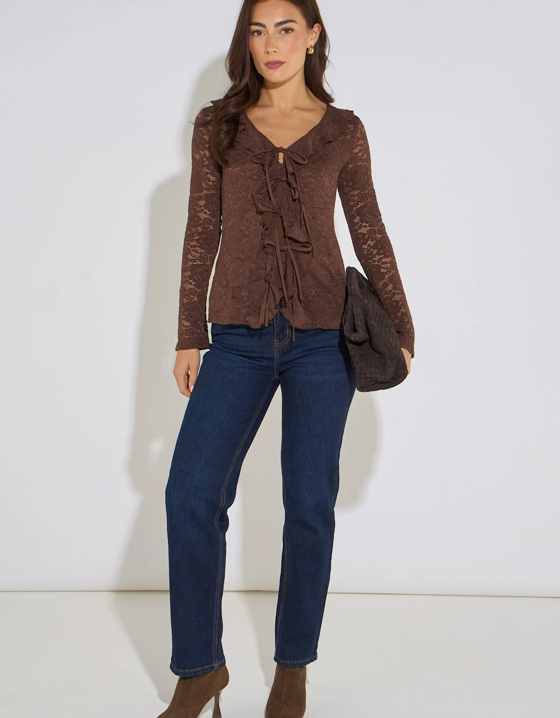 Brown Jersey Lace Ruffle Tie Front Blouse