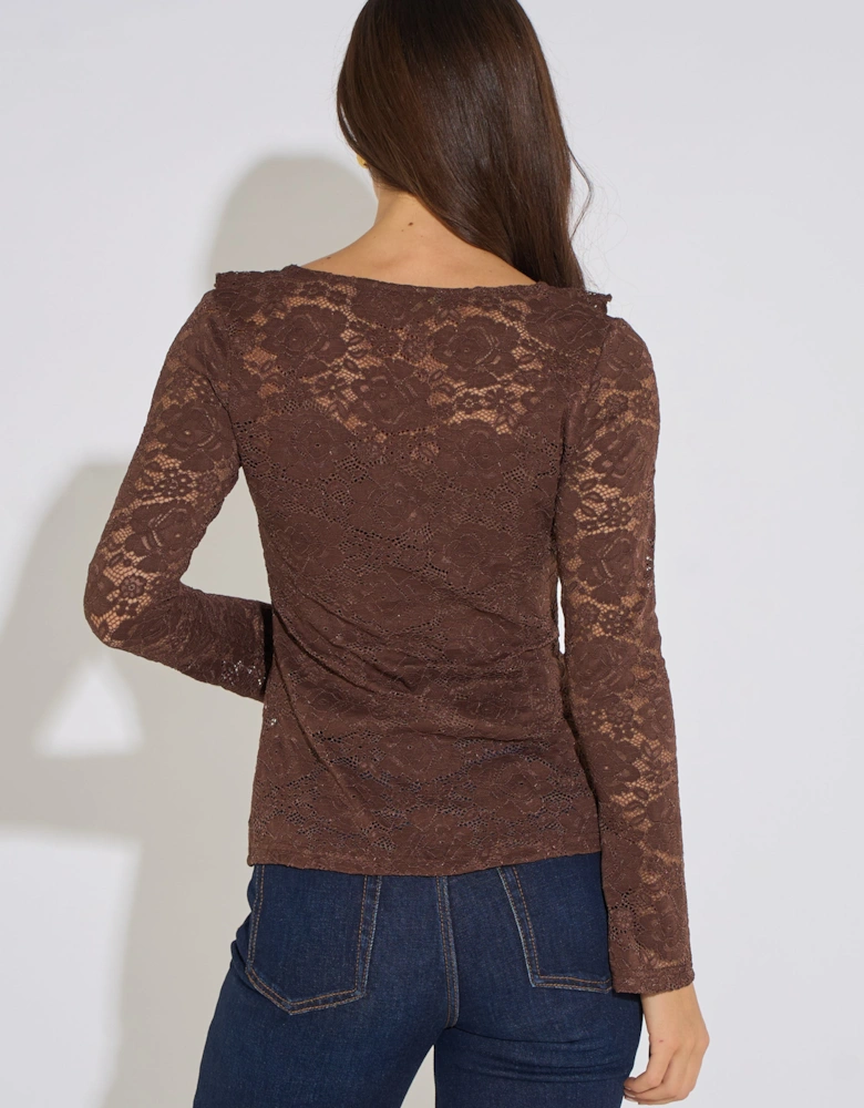 Brown Jersey Lace Ruffle Tie Front Blouse