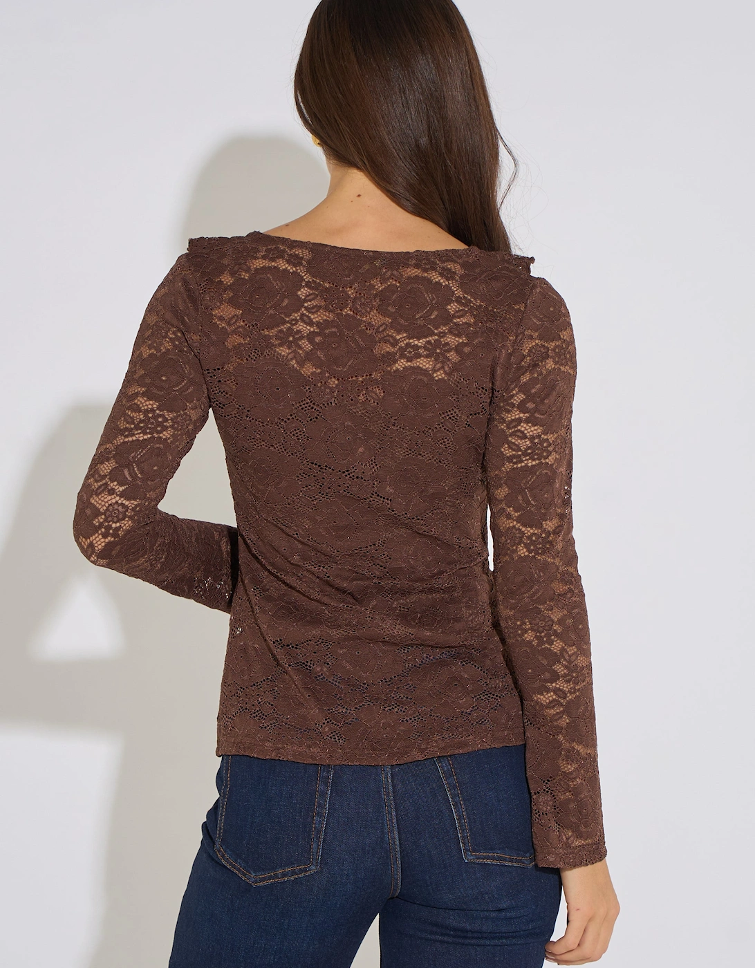 Brown Jersey Lace Ruffle Tie Front Blouse