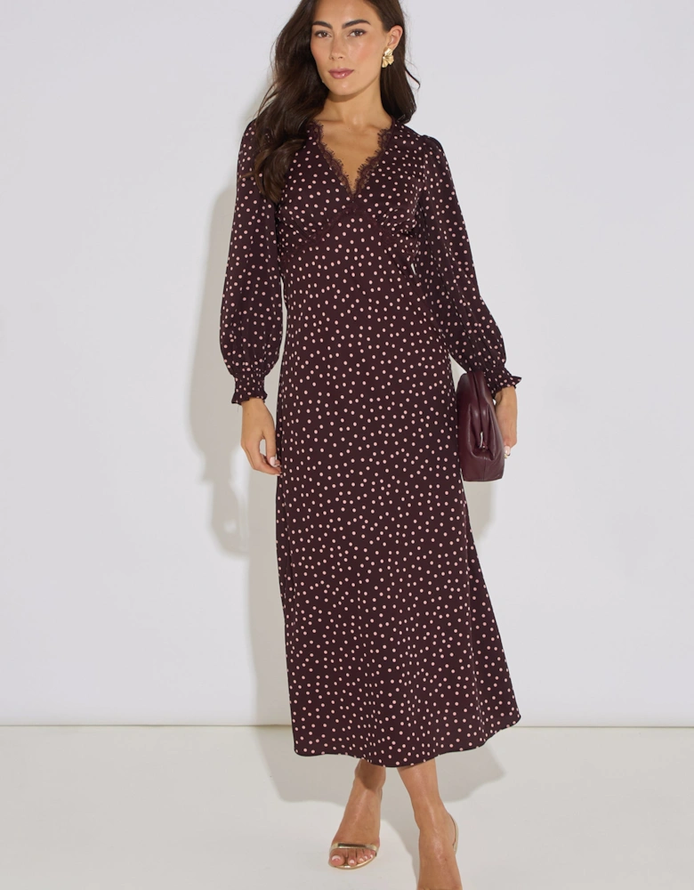 Chocolate Polka Lace Trim Midi Dress