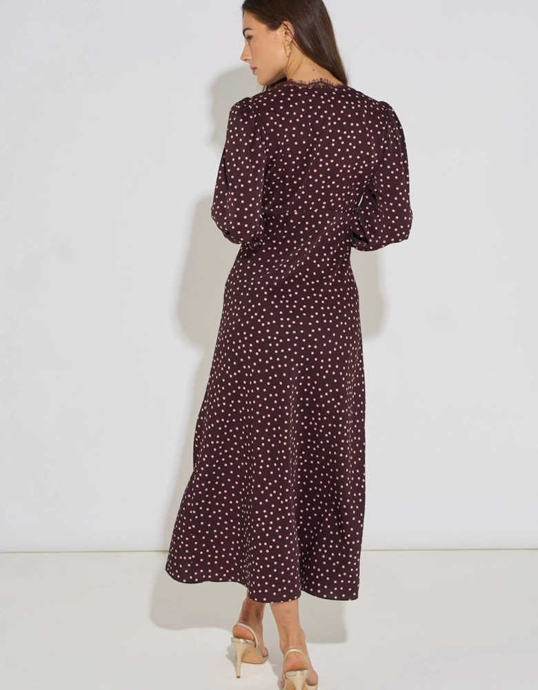Chocolate Polka Lace Trim Midi Dress