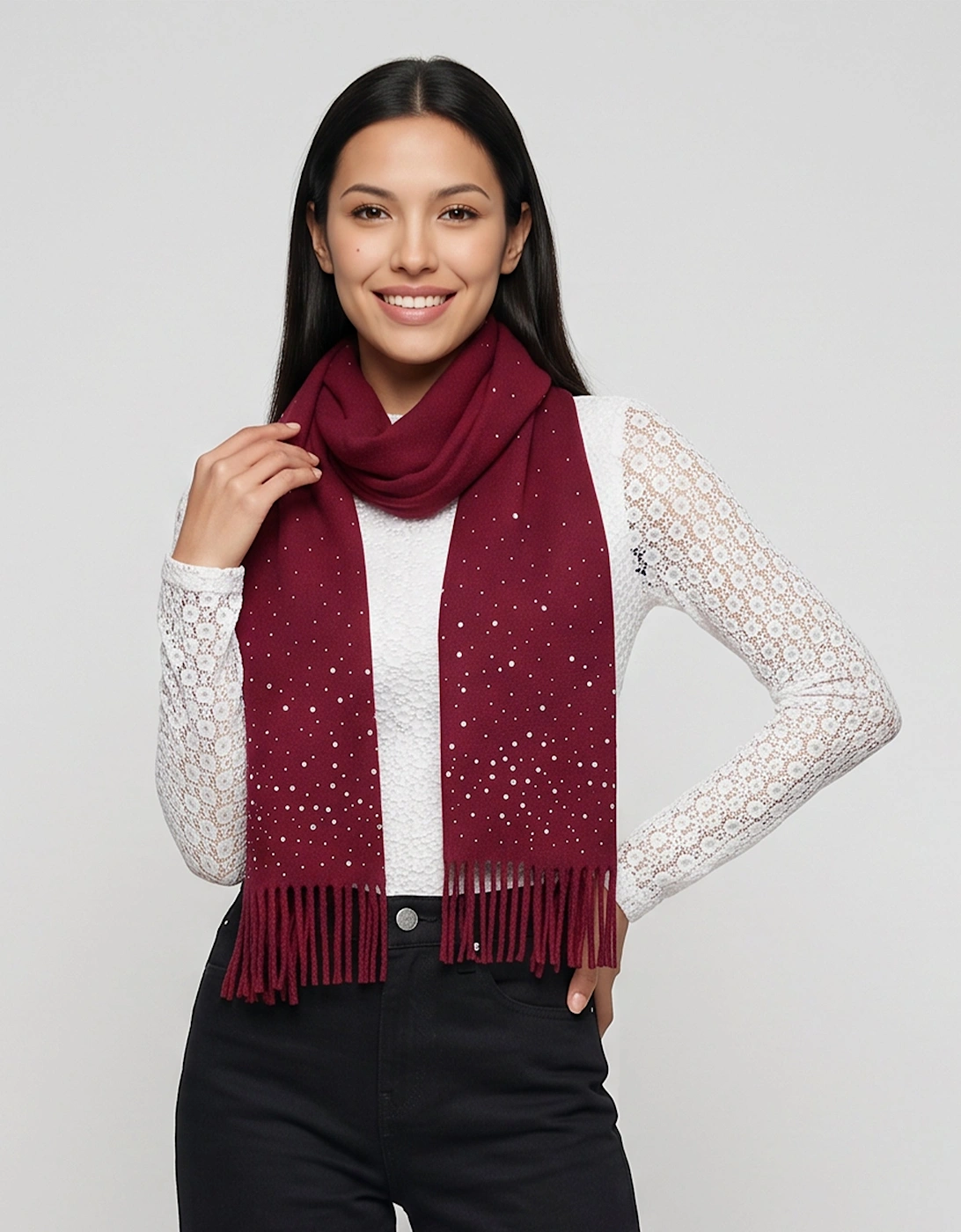 Burgundy Ladies Embellished Tassel Scarf