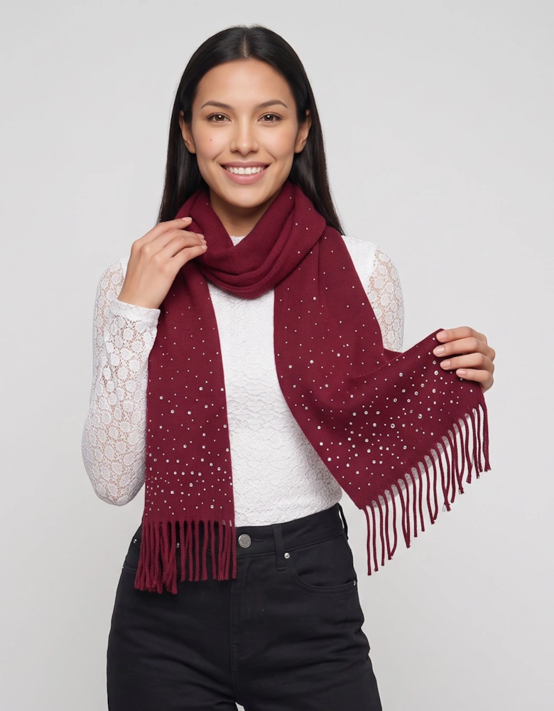 Burgundy Ladies Embellished Tassel Scarf