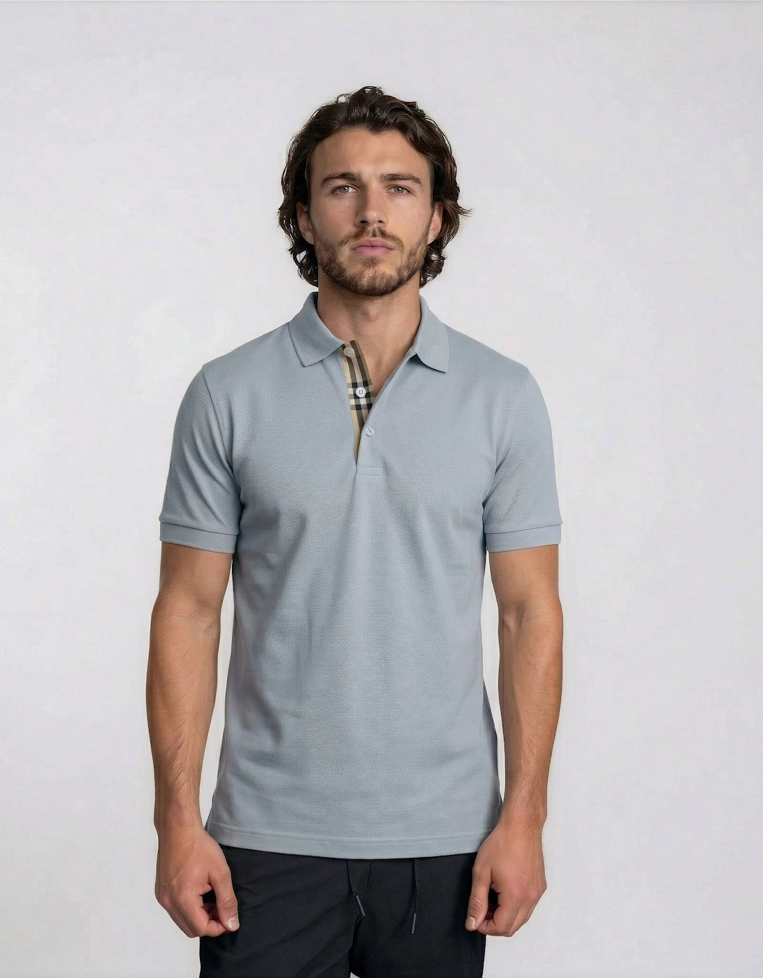 Burberry 'Hartford' Check Placket Polo Gale Blue