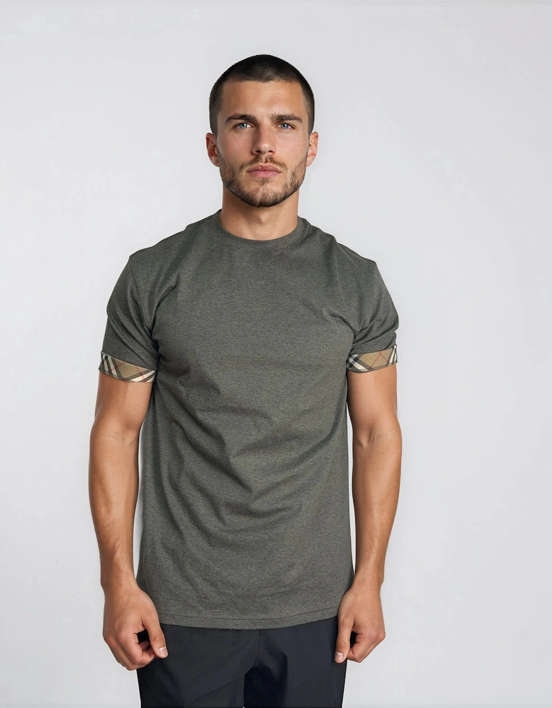 Burberry 'Ellison' Organic Cotton Check Sleeve Dark Green