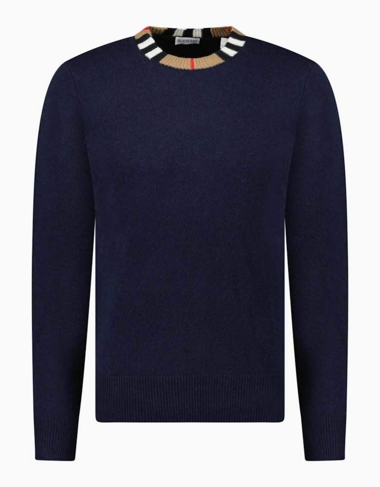 Burberry 'Noland' Knitted Wool/ Cashmere Jumper Check Neck Navy