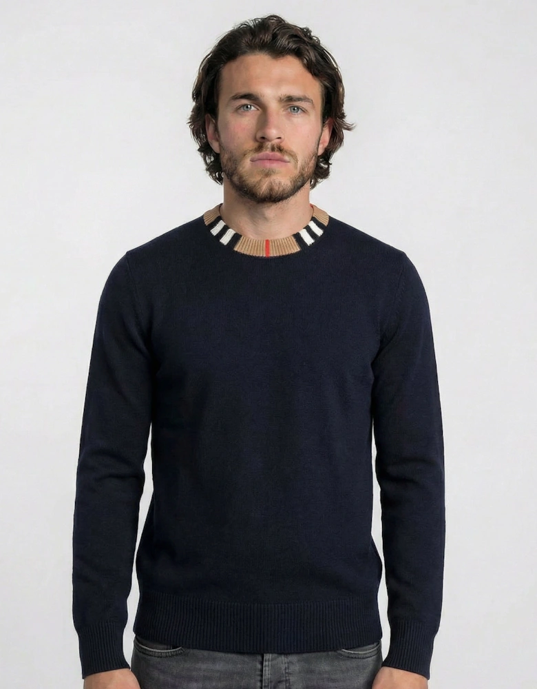 Burberry 'Noland' Knitted Wool/ Cashmere Jumper Check Neck Navy