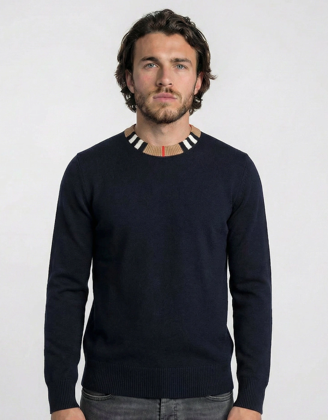 Burberry 'Noland' Knitted Wool/ Cashmere Jumper Check Neck Navy