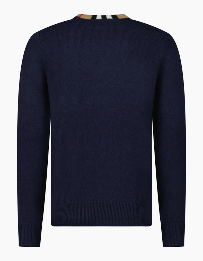 Burberry 'Noland' Knitted Wool/ Cashmere Jumper Check Neck Navy