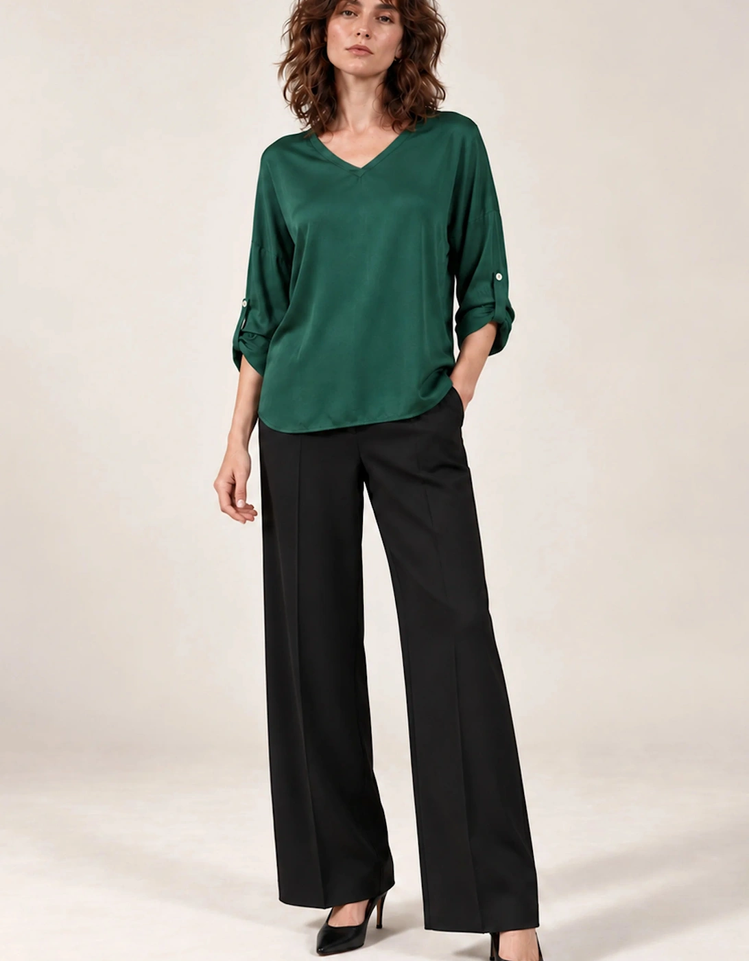 Green Satin V-Neck Blouse