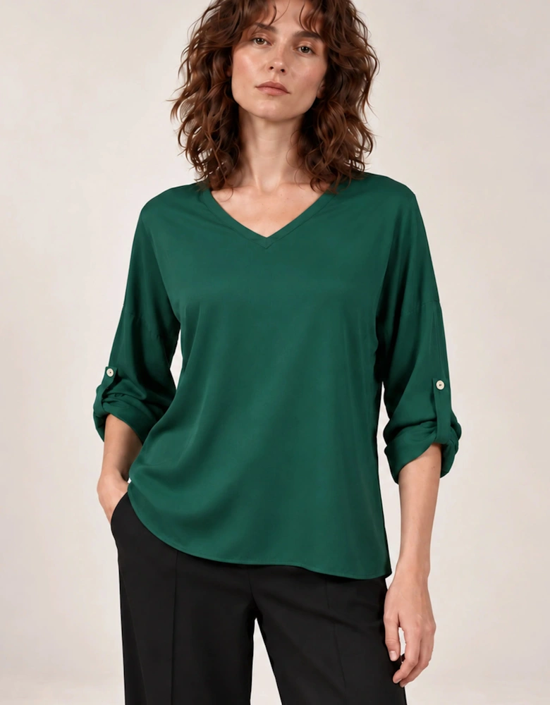 Green Satin V-Neck Blouse
