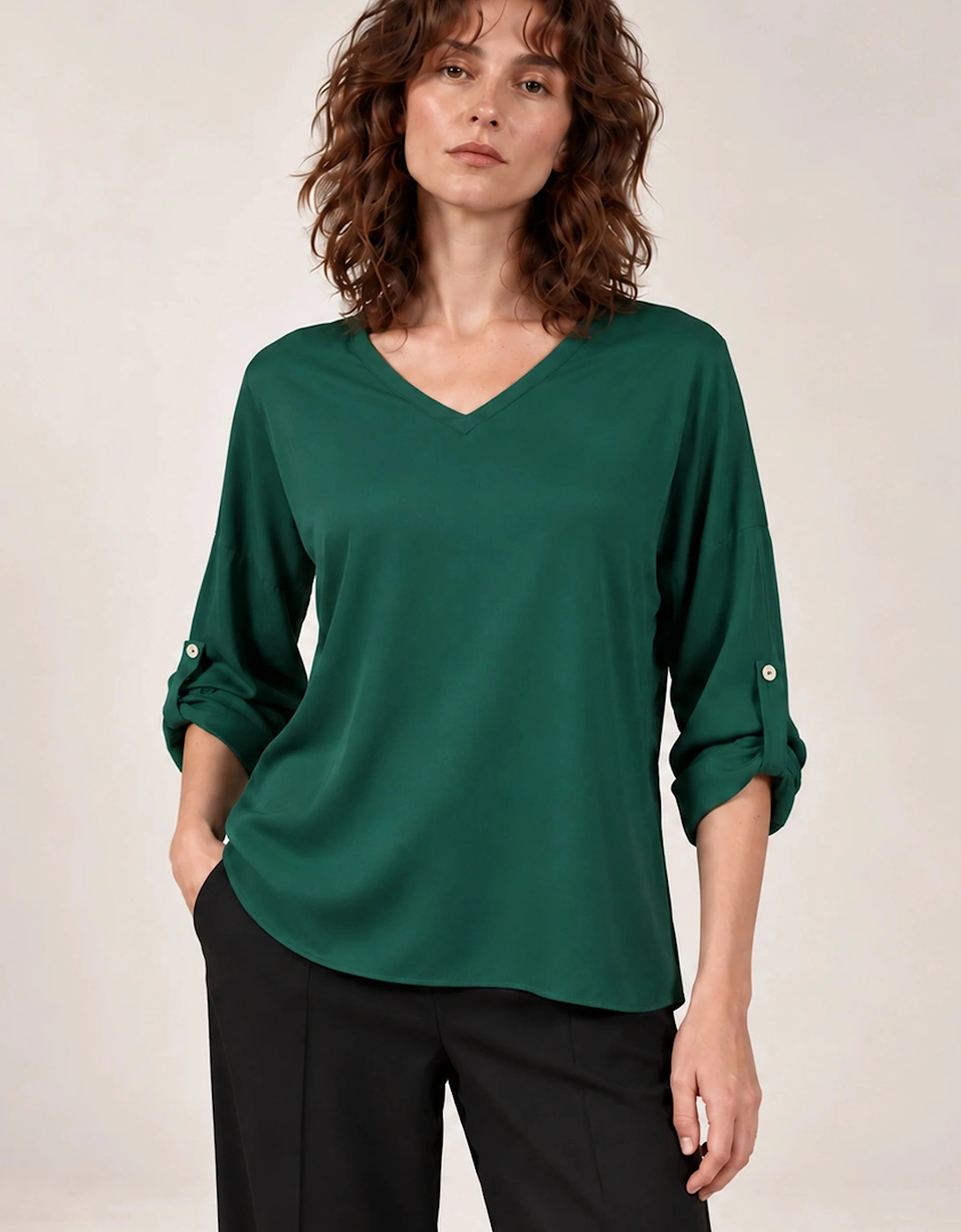 Green Satin V-Neck Blouse