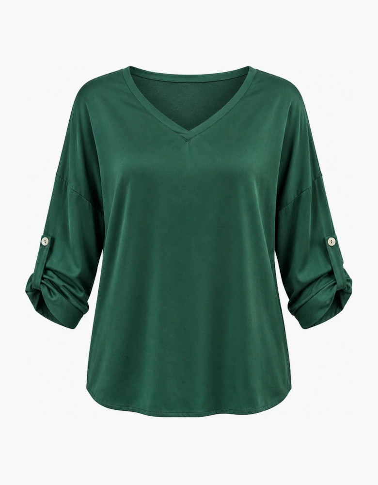Green Satin V-Neck Blouse