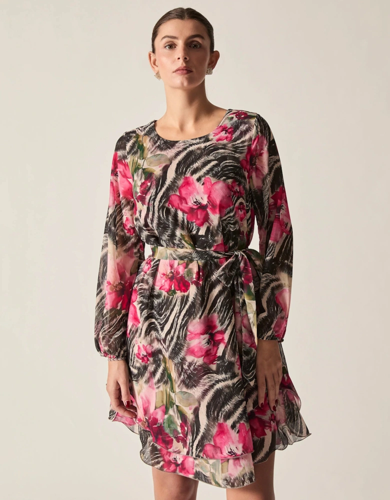 Pink Floral Print Belted Dress