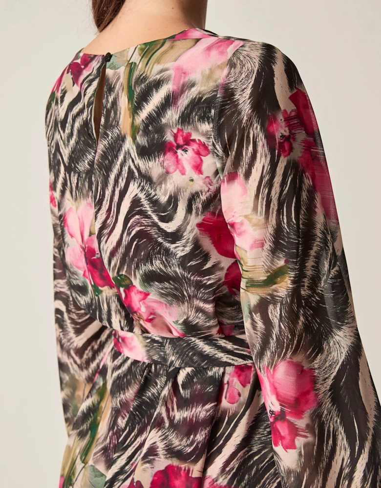Pink Floral Print Belted Dress
