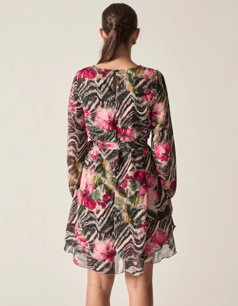Pink Floral Print Belted Dress
