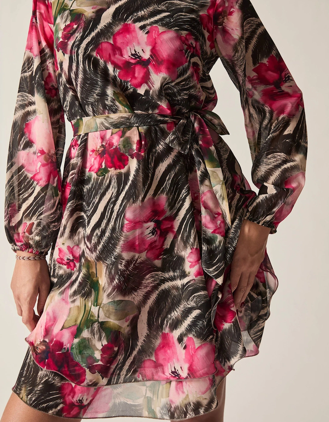 Pink Floral Print Belted Dress