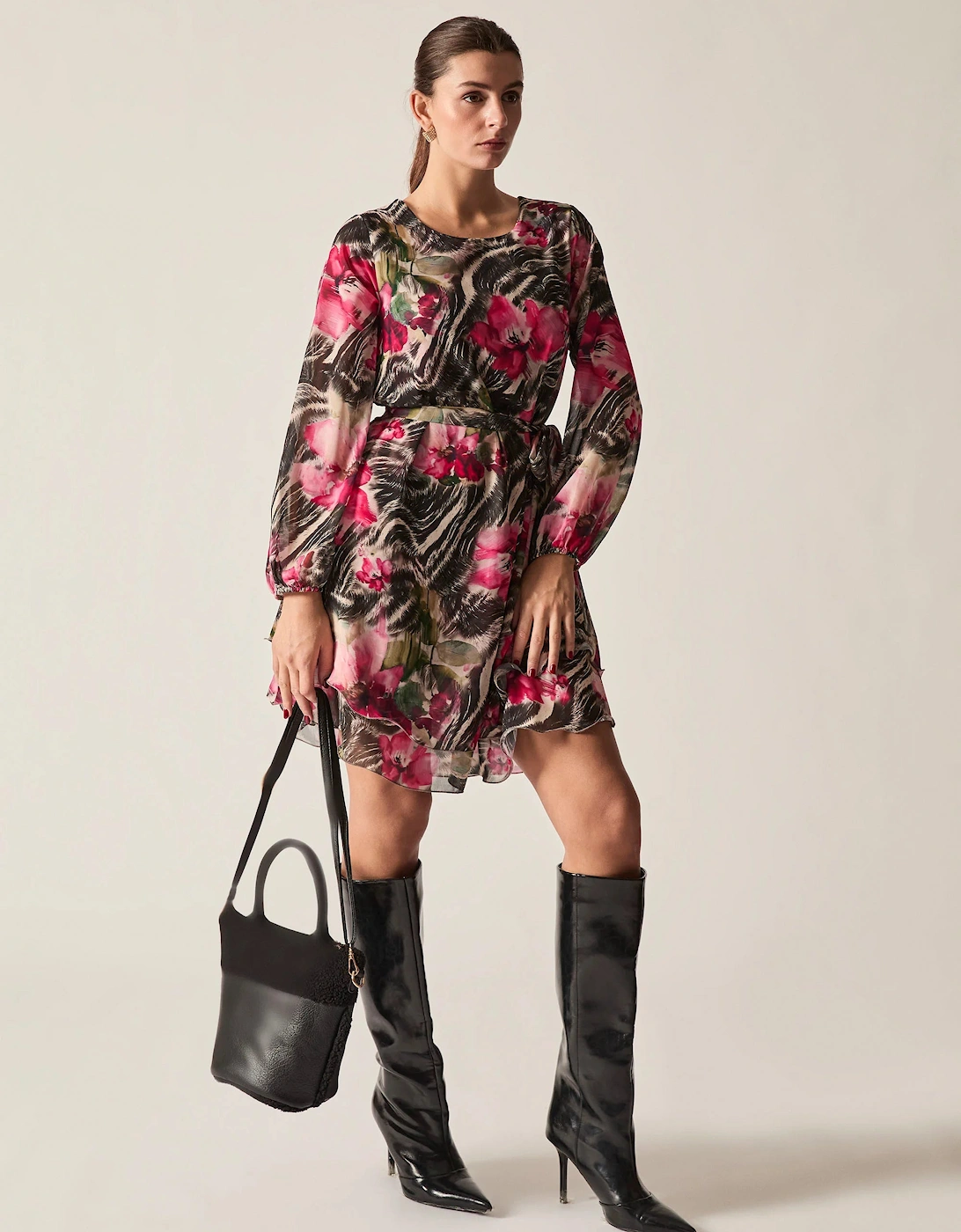 Pink Floral Print Belted Dress