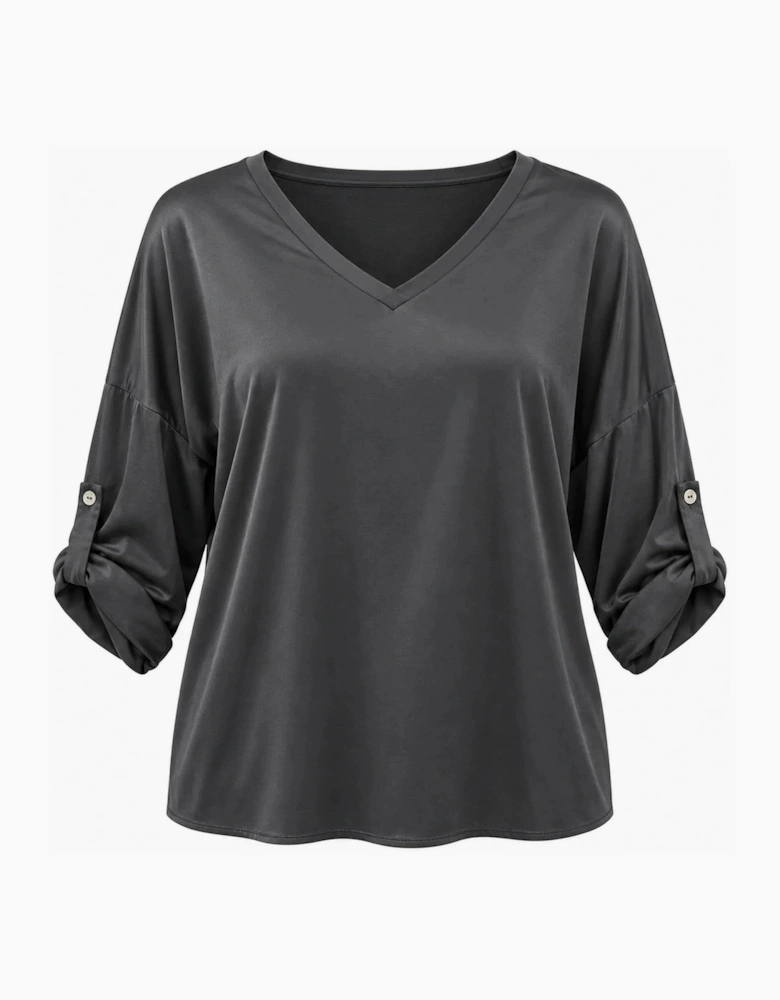 Charcoal Satin V-Neck Blouse