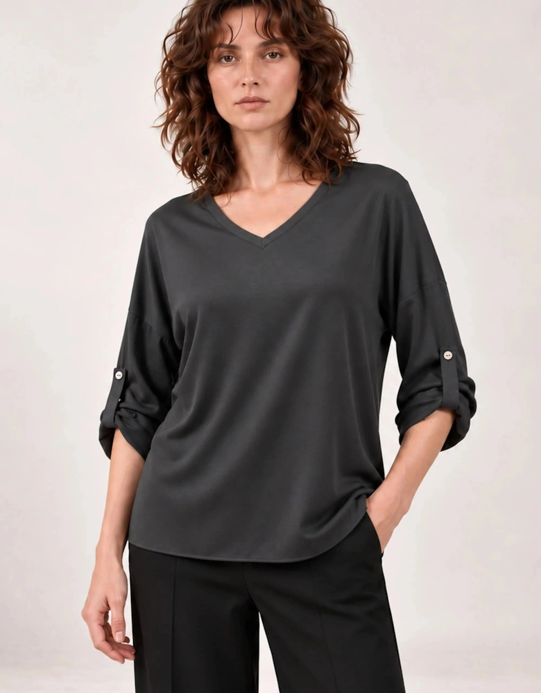 Charcoal Satin V-Neck Blouse