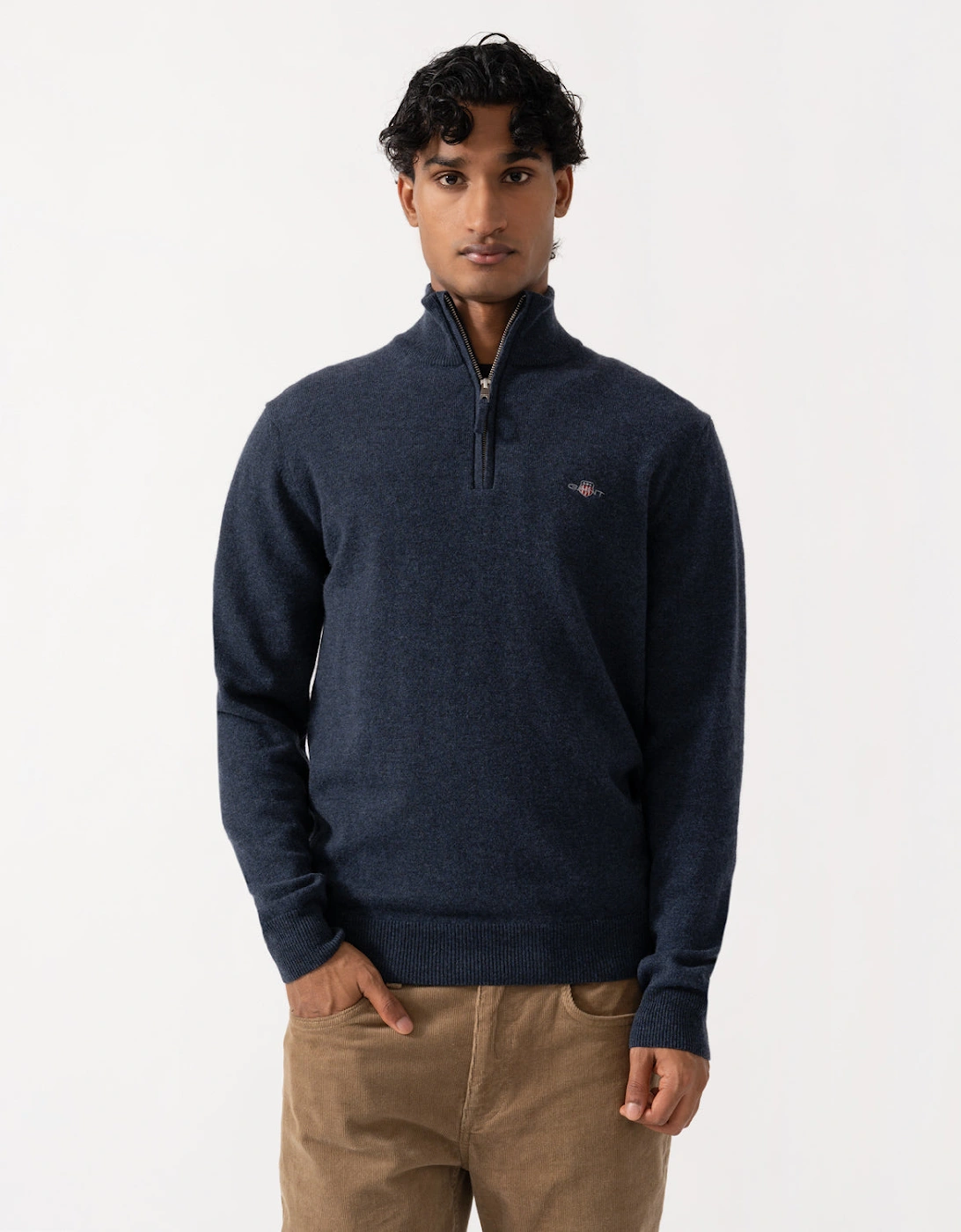 GANT Mens Superfine Lambswool Half Zip Sweater - 480 Dark Navy Melange