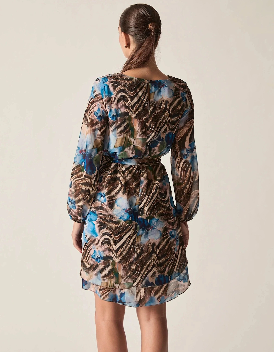 Blue Floral Print Belted Dress