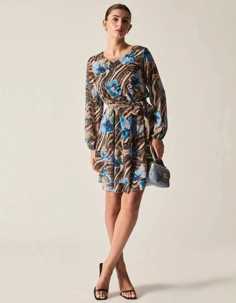 Blue Floral Print Belted Dress