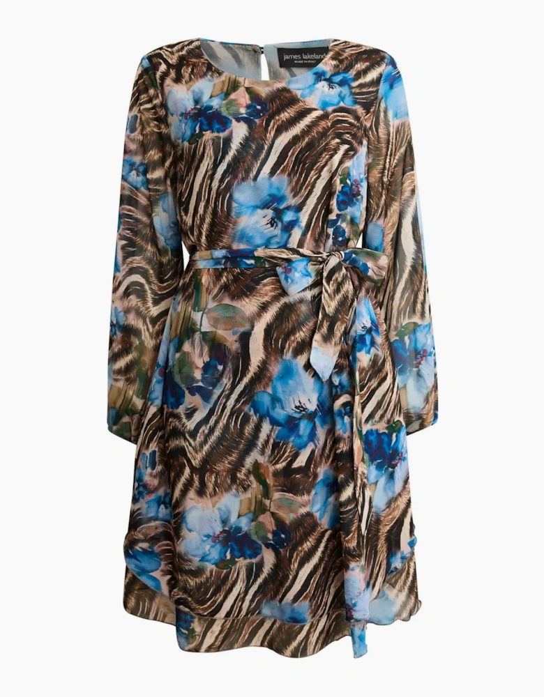Blue Floral Print Belted Dress