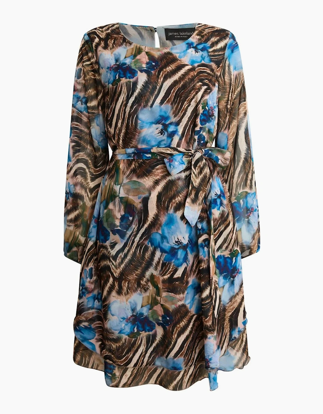Blue Floral Print Belted Dress