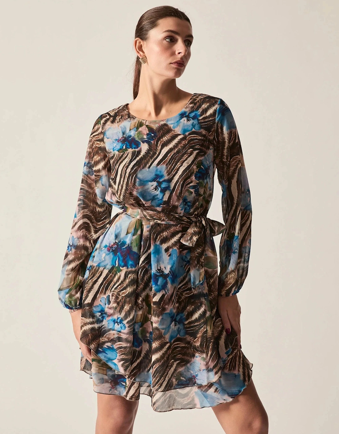 Blue Floral Print Belted Dress
