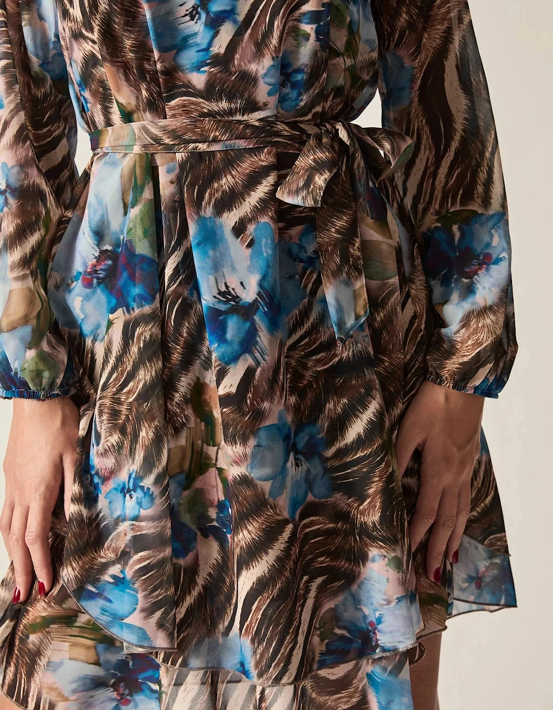 Blue Floral Print Belted Dress