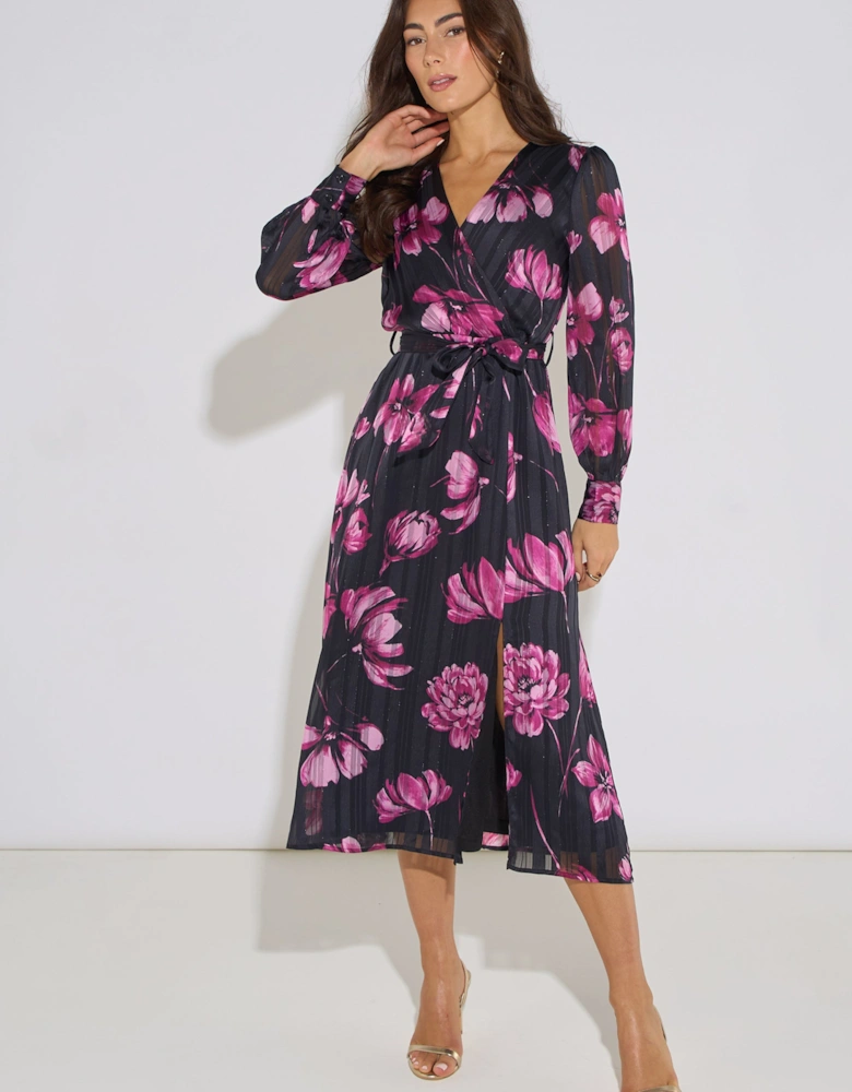 Black Floral Chiffon Sparkle Stripe Wrap Midi Dress