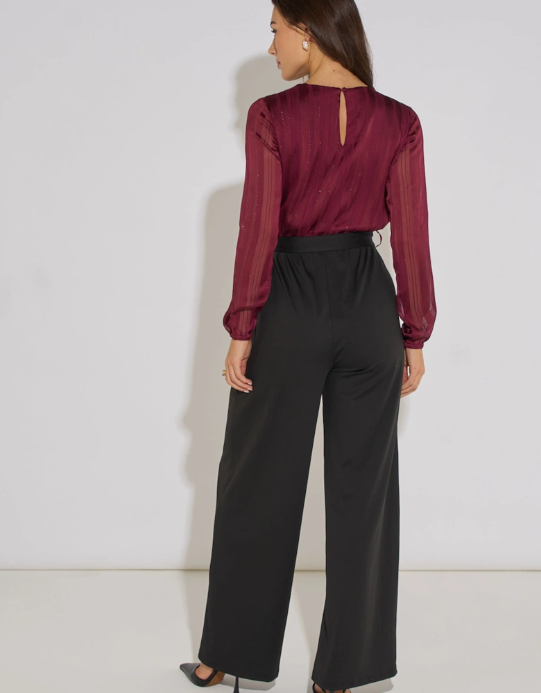 Mulberry Chiffon Stripe Wrap Top Belted Stretch Jumpsuit