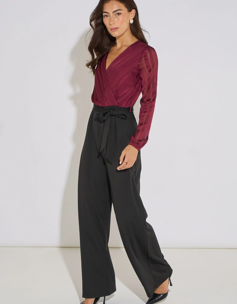 Mulberry Chiffon Stripe Wrap Top Belted Stretch Jumpsuit