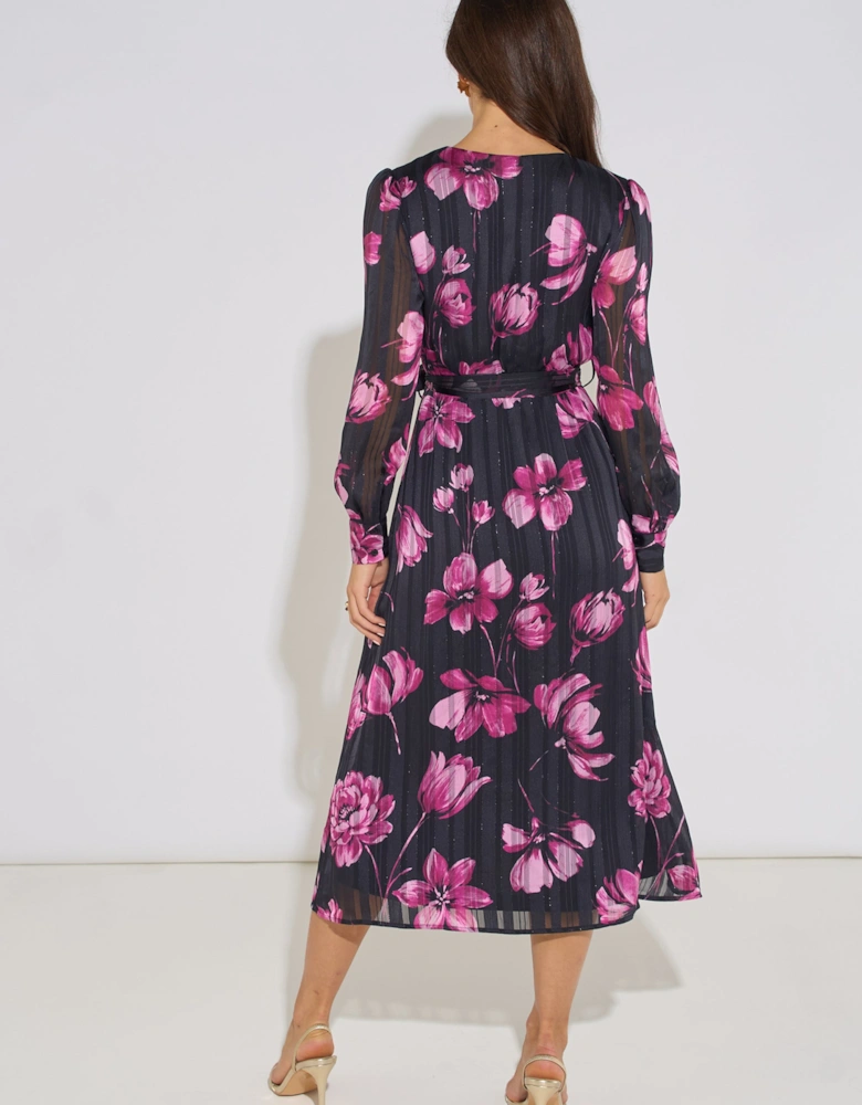 Black Floral Chiffon Sparkle Stripe Wrap Midi Dress