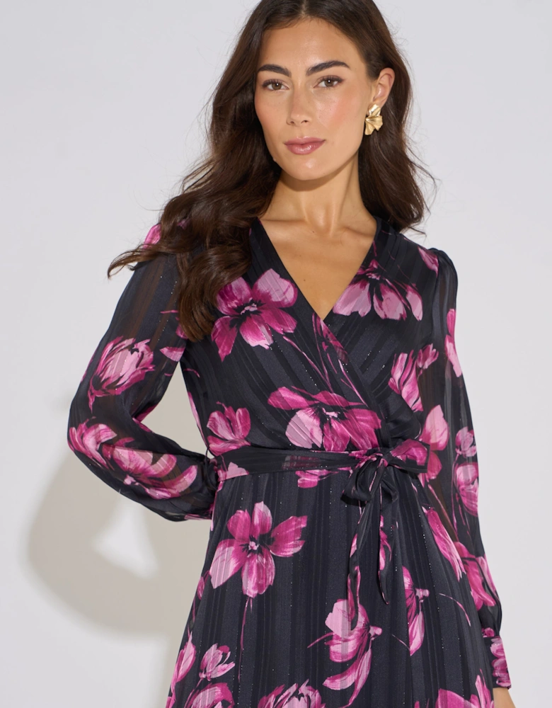 Black Floral Chiffon Sparkle Stripe Wrap Midi Dress