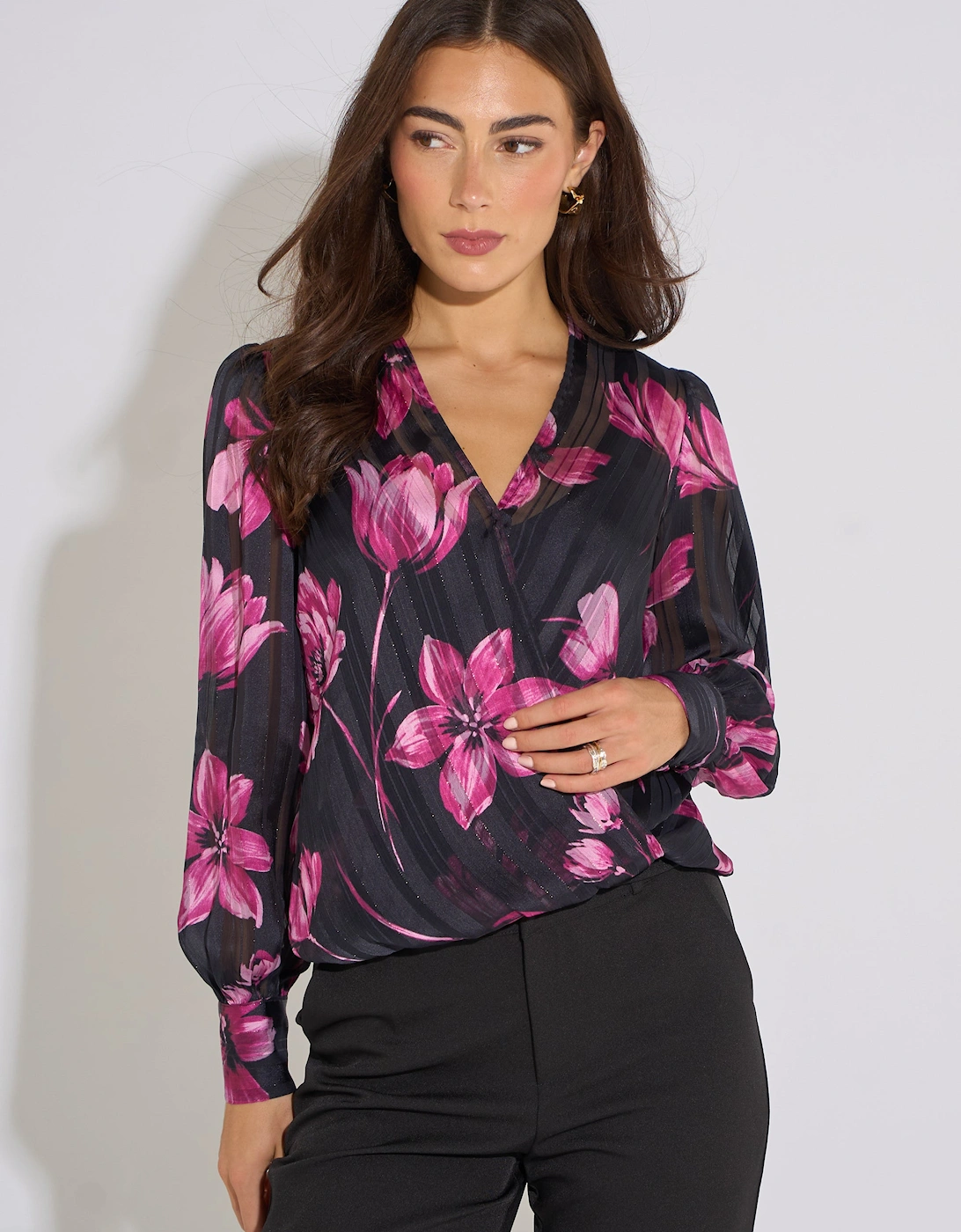Black Floral Wrap Stripe Jacquard Top