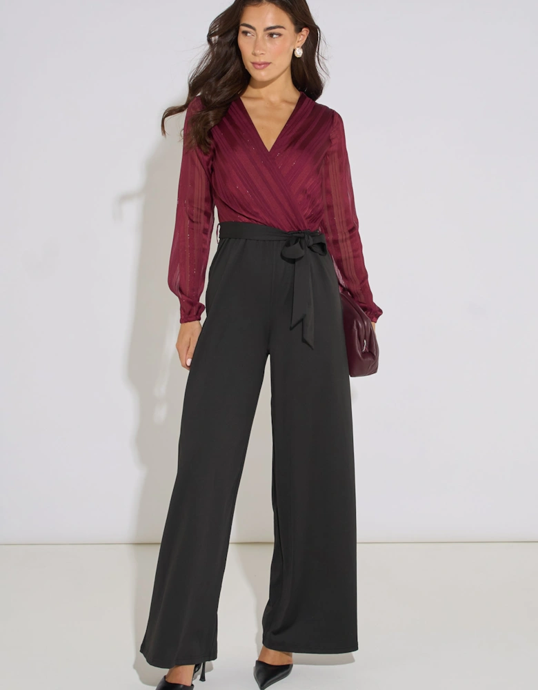 Mulberry Chiffon Stripe Wrap Top Belted Stretch Jumpsuit