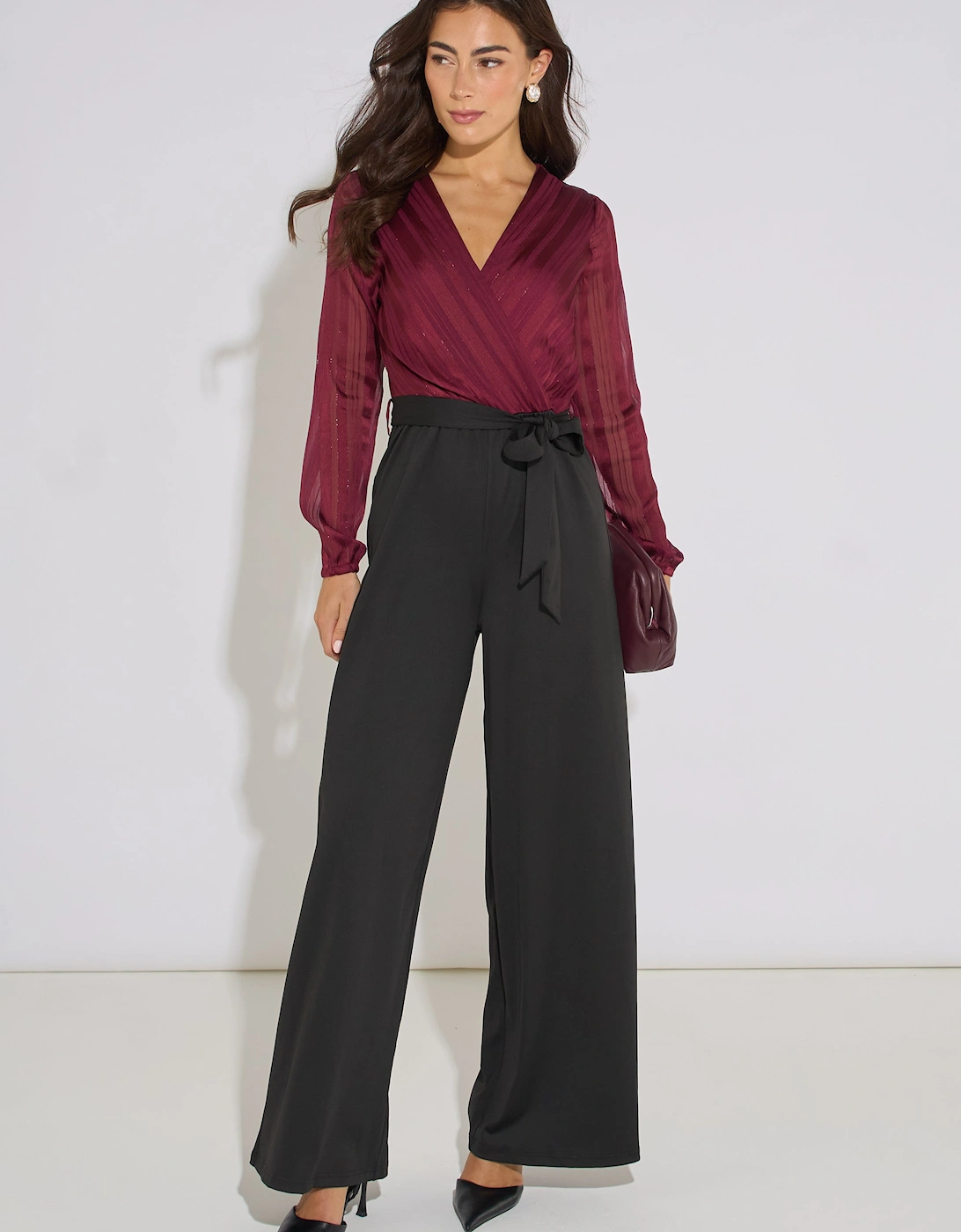 Mulberry Chiffon Stripe Wrap Top Belted Stretch Jumpsuit