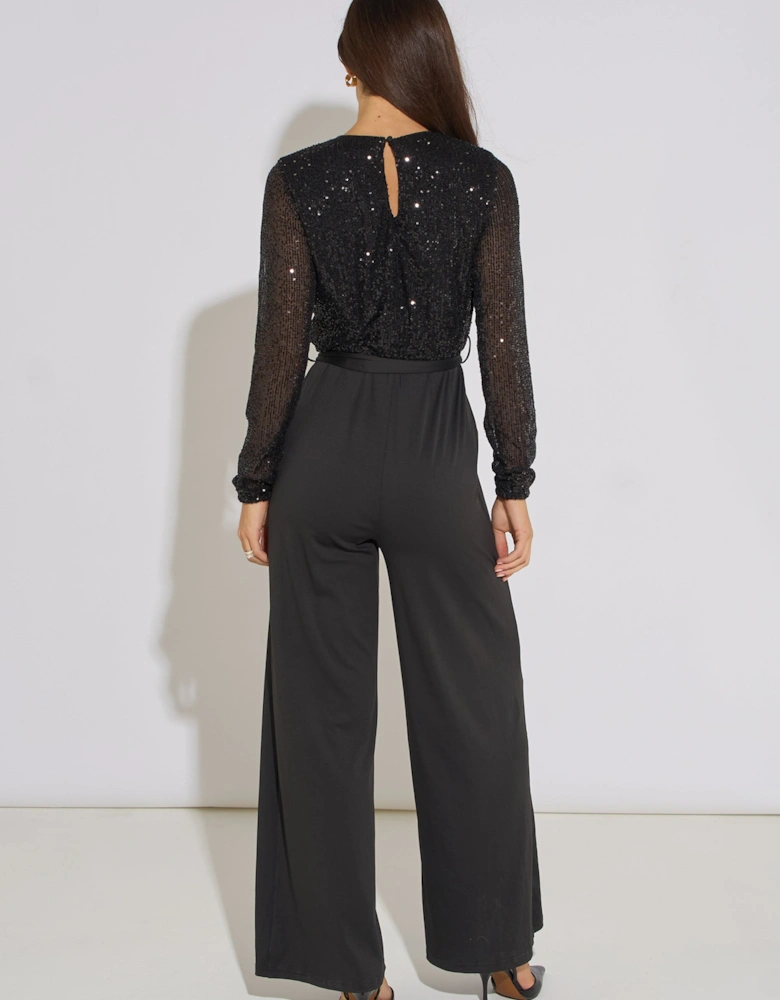 Black Sequin Wrap Front Belted Jumpsuit