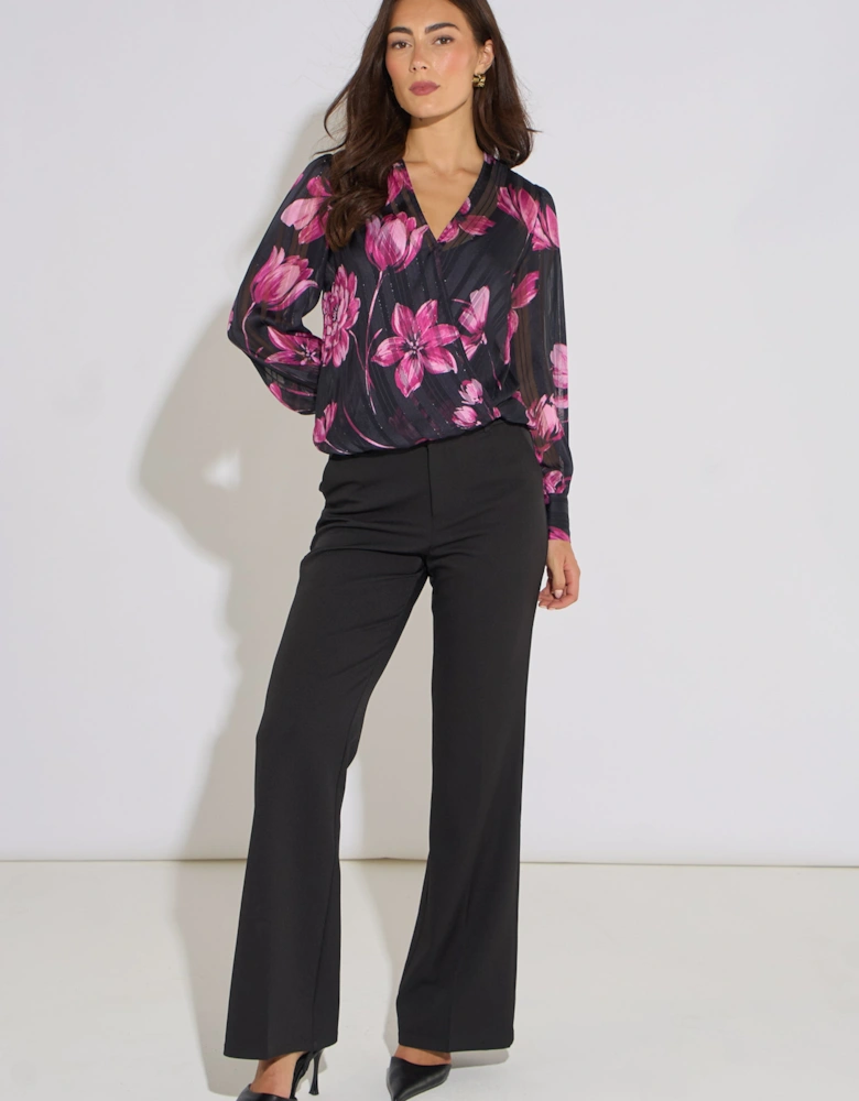 Black Floral Wrap Stripe Jacquard Top
