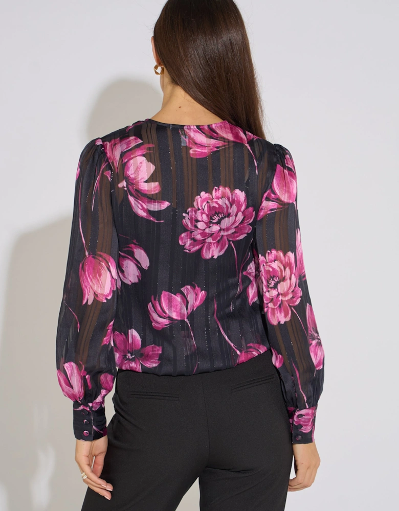 Black Floral Wrap Stripe Jacquard Top